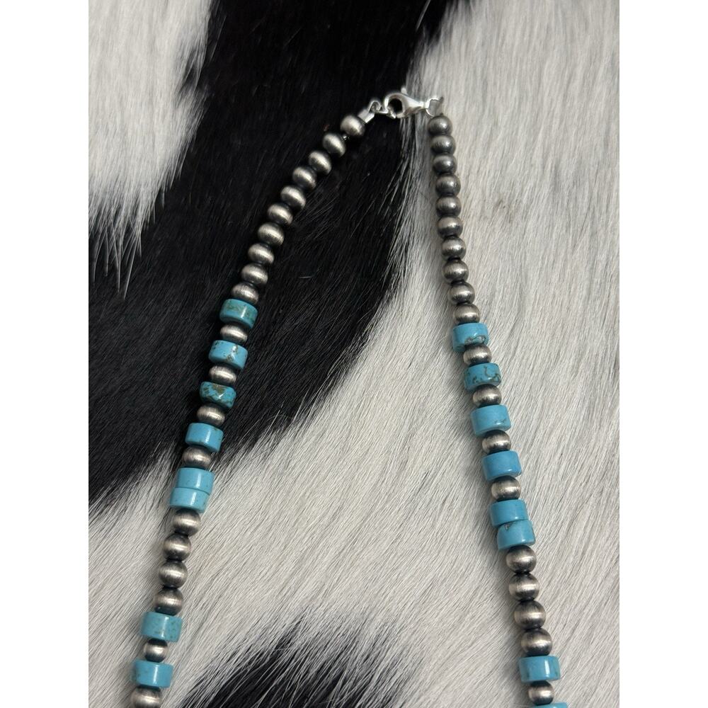 Native American Sterling Silver 5mm Navajo Pearl 6mm Turquoise HEISHI Necklace - Picture 8 of 9
